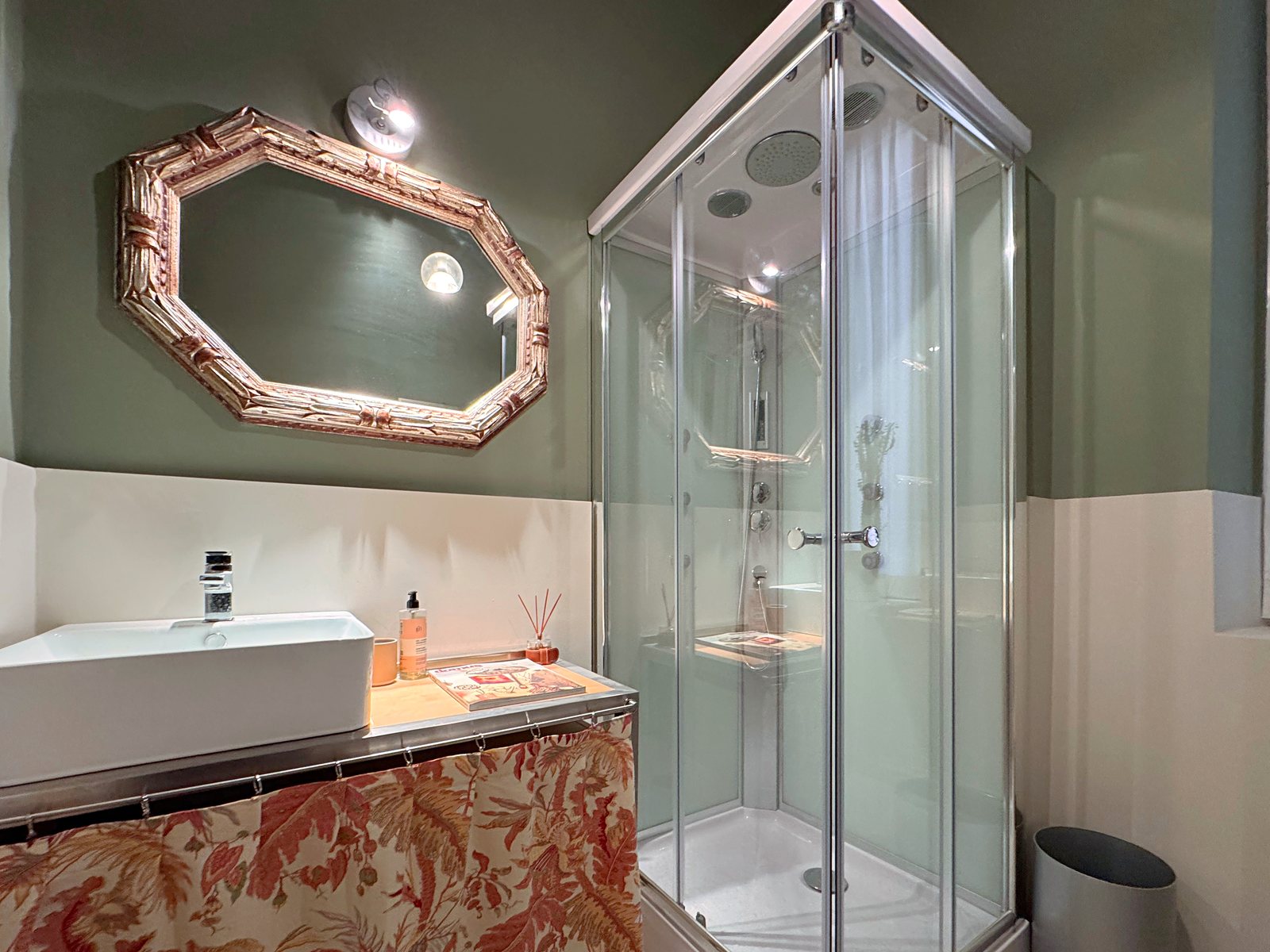 Bathroom with countertop basin, octagonal mirror and shower cubicle, Via Santa Caterina, Trieste