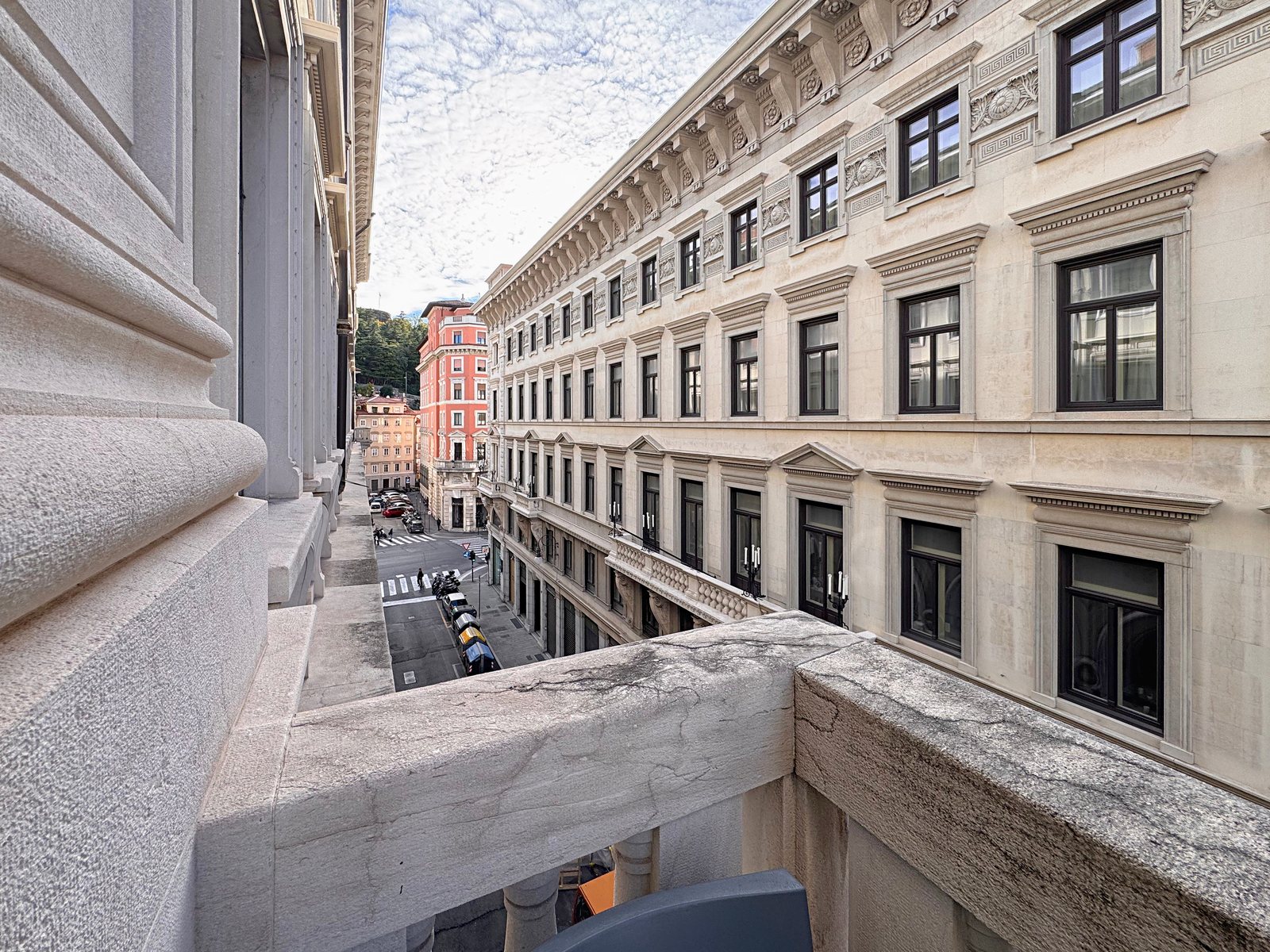 View from the balcony along the street and its period buildings, Via Santa Caterina, Trieste